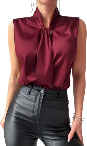 ZAFUL Women's Silk Satin Tank Tops Bow Tie Knot Mock Neck Casual Sleeveless Blouses Summer Basic Tanks Shirt