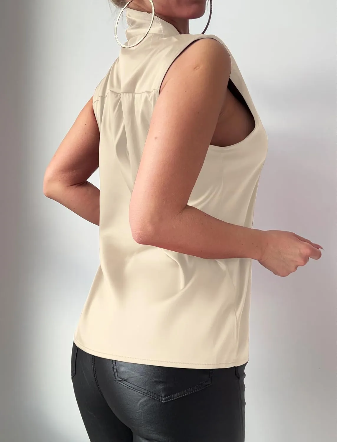 ZAFUL Women's Silk Satin Tank Tops Bow Tie Knot Mock Neck Casual Sleeveless Blouses Summer Basic Tanks Shirt