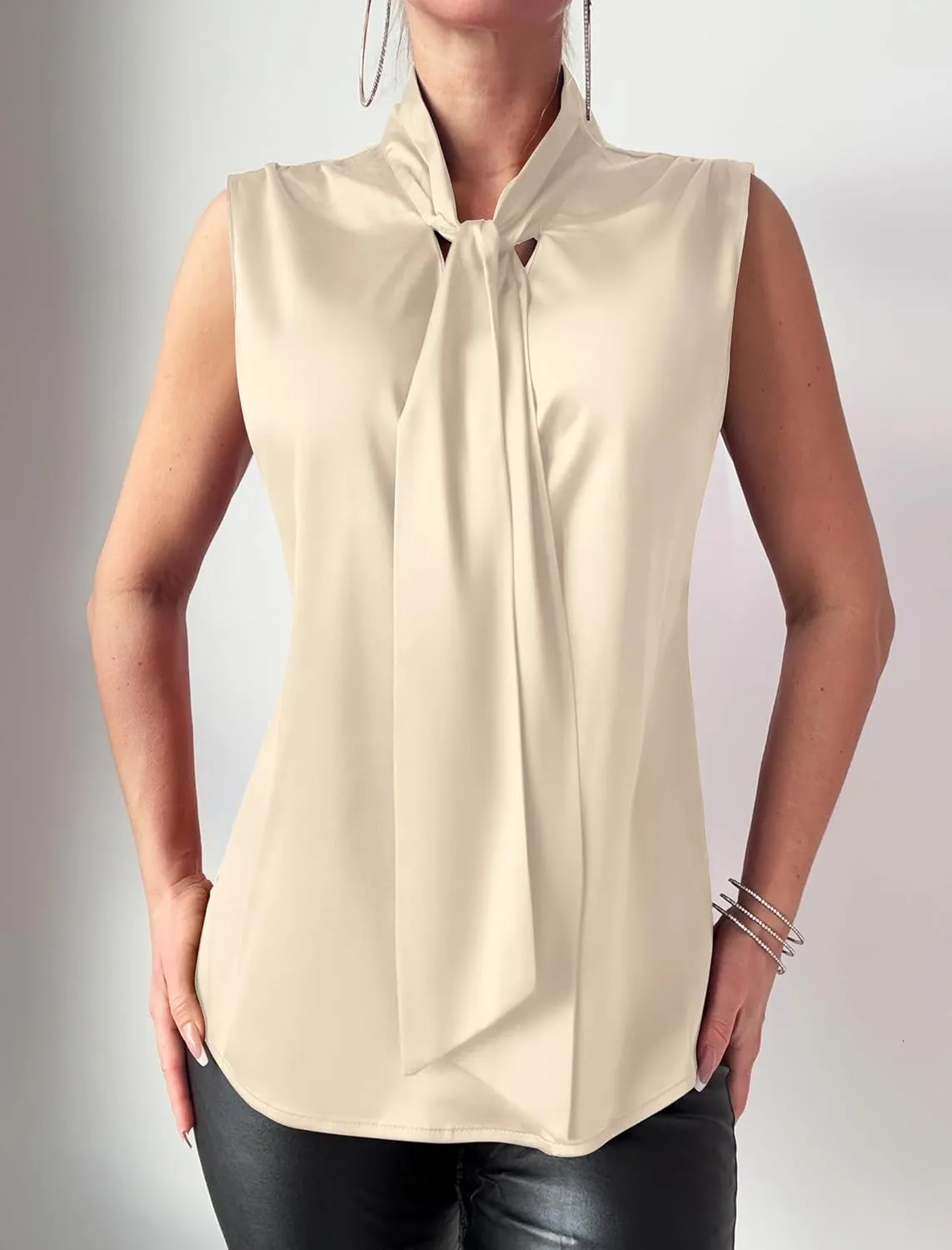 ZAFUL Women's Silk Satin Tank Tops Bow Tie Knot Mock Neck Casual Sleeveless Blouses Summer Basic Tanks Shirt