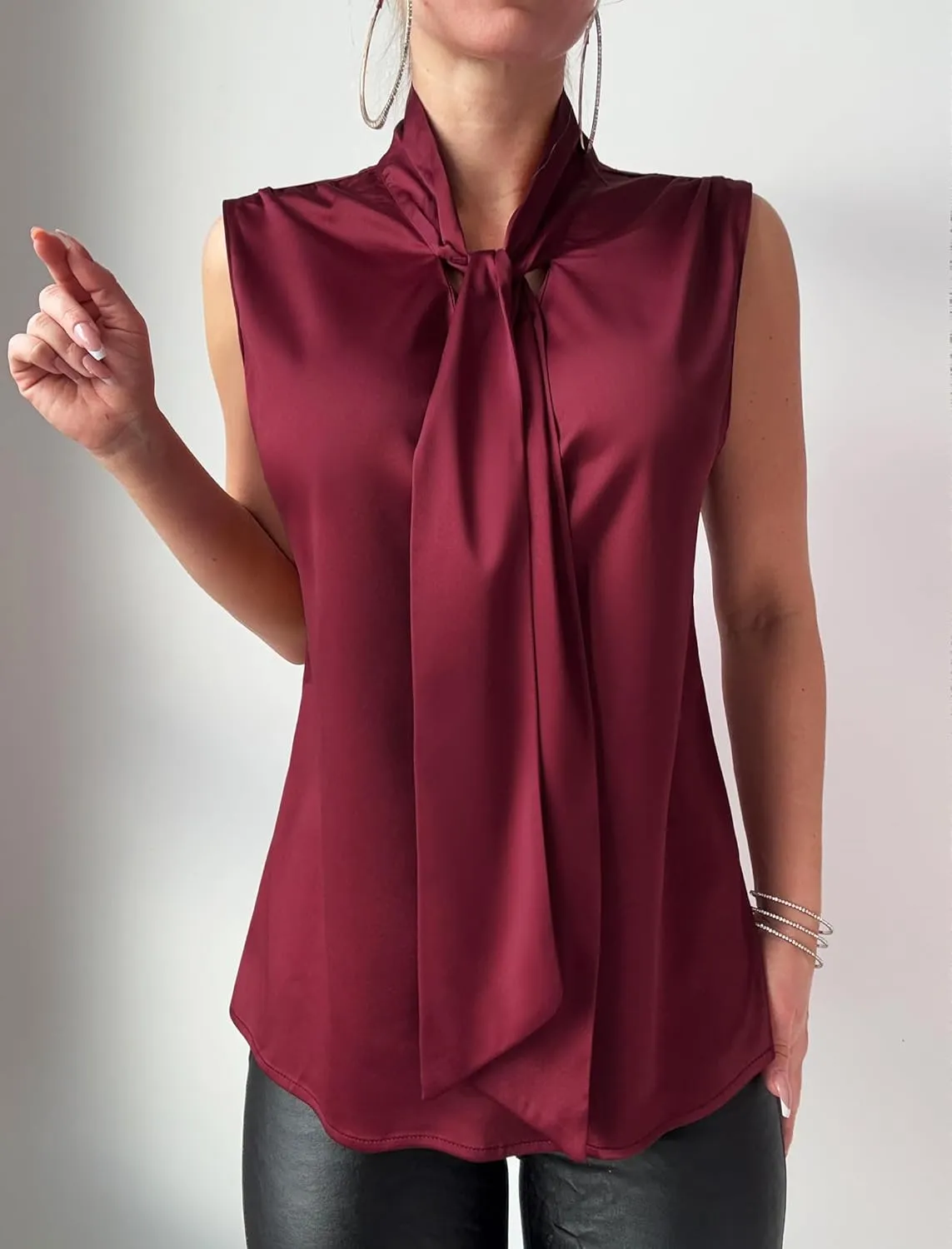 ZAFUL Women's Silk Satin Tank Tops Bow Tie Knot Mock Neck Casual Sleeveless Blouses Summer Basic Tanks Shirt