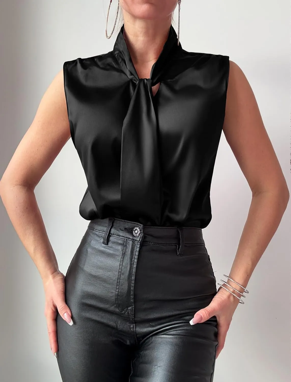 ZAFUL Women's Silk Satin Tank Tops Bow Tie Knot Mock Neck Casual Sleeveless Blouses Summer Basic Tanks Shirt