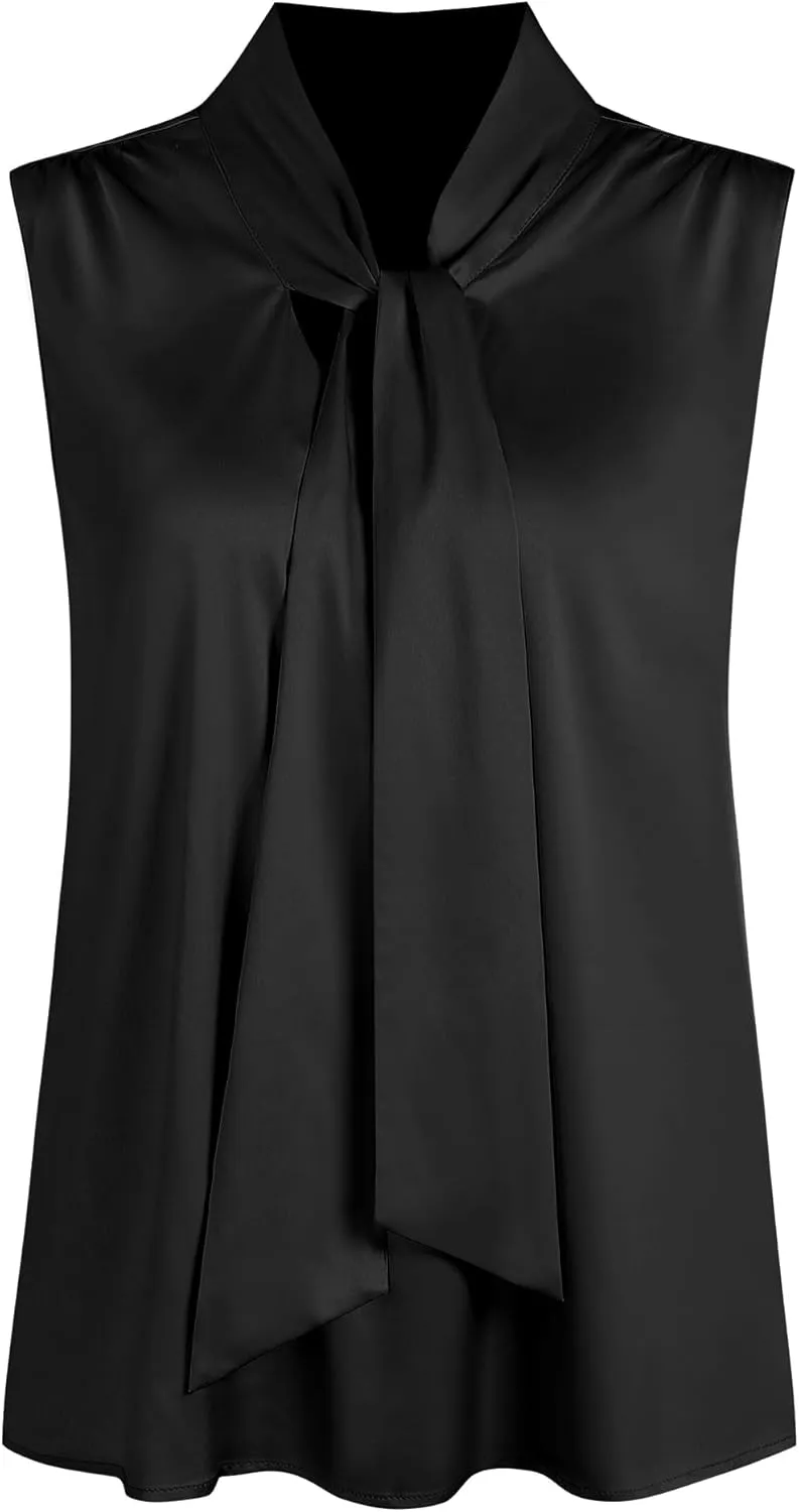 ZAFUL Women's Silk Satin Tank Tops Bow Tie Knot Mock Neck Casual Sleeveless Blouses Summer Basic Tanks Shirt