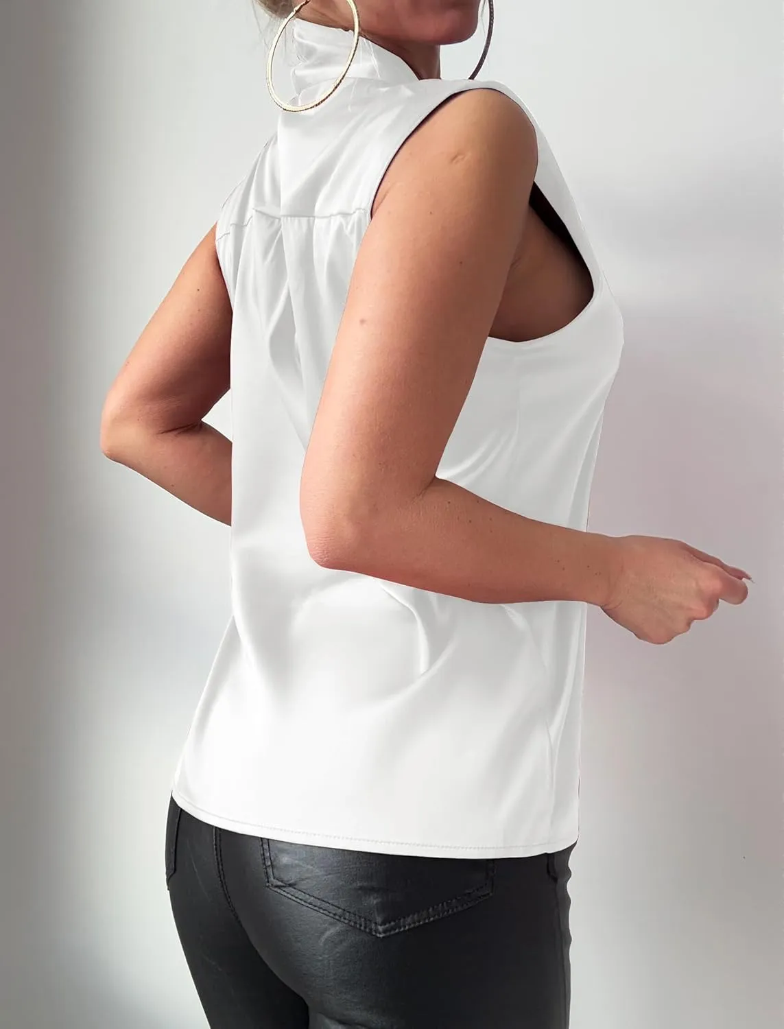 ZAFUL Women's Silk Satin Tank Tops Bow Tie Knot Mock Neck Casual Sleeveless Blouses Summer Basic Tanks Shirt