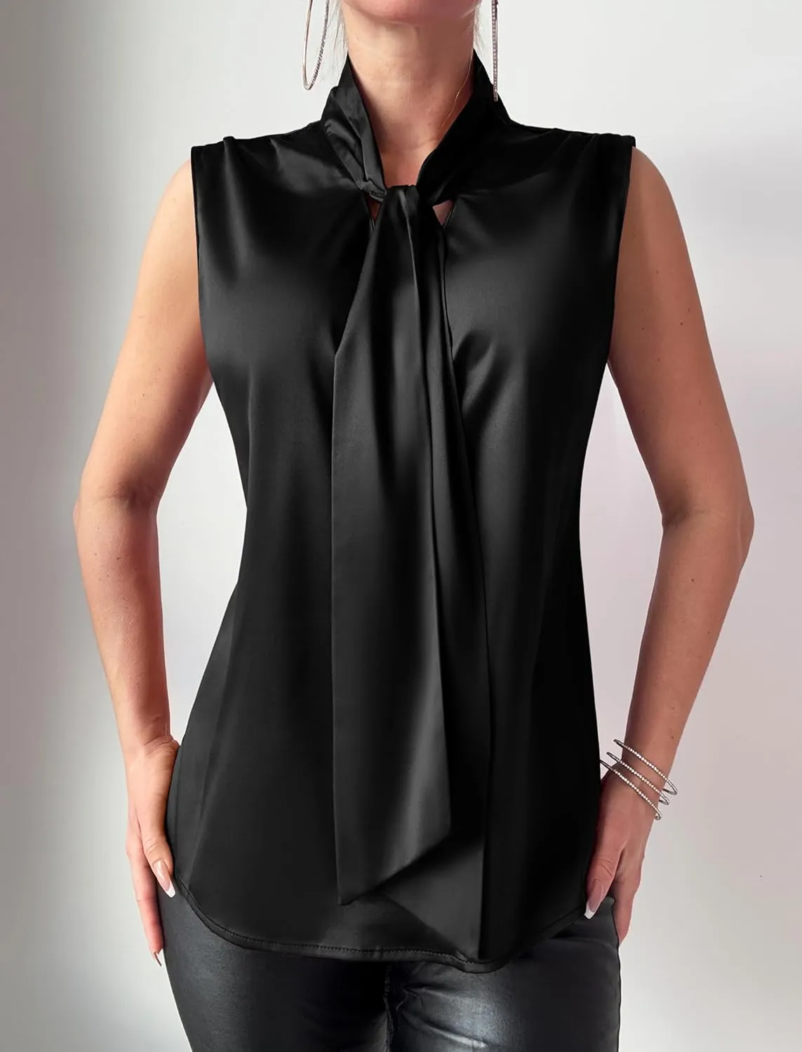 ZAFUL Women's Silk Satin Tank Tops Bow Tie Knot Mock Neck Casual Sleeveless Blouses Summer Basic Tanks Shirt