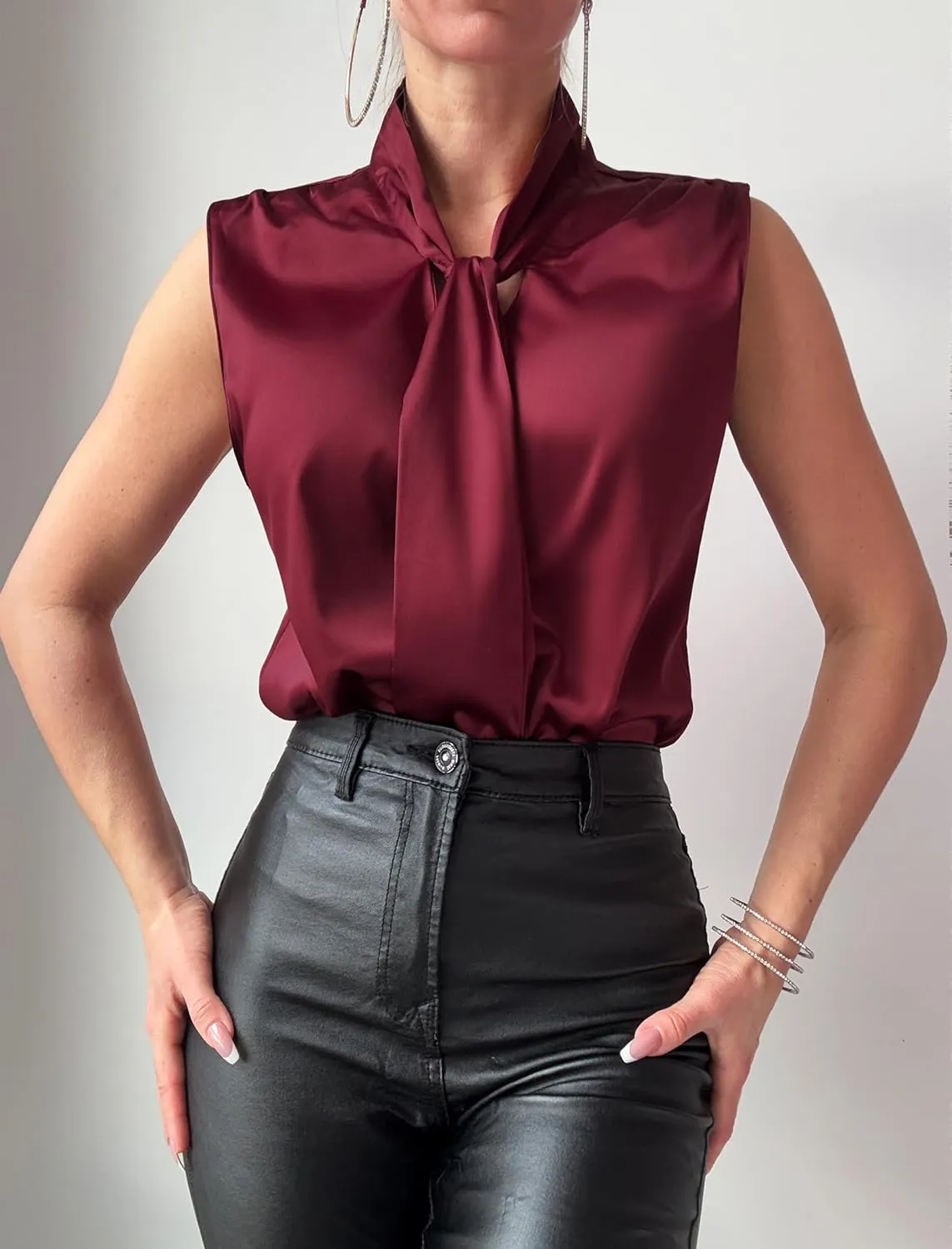 ZAFUL Women's Silk Satin Tank Tops Bow Tie Knot Mock Neck Casual Sleeveless Blouses Summer Basic Tanks Shirt