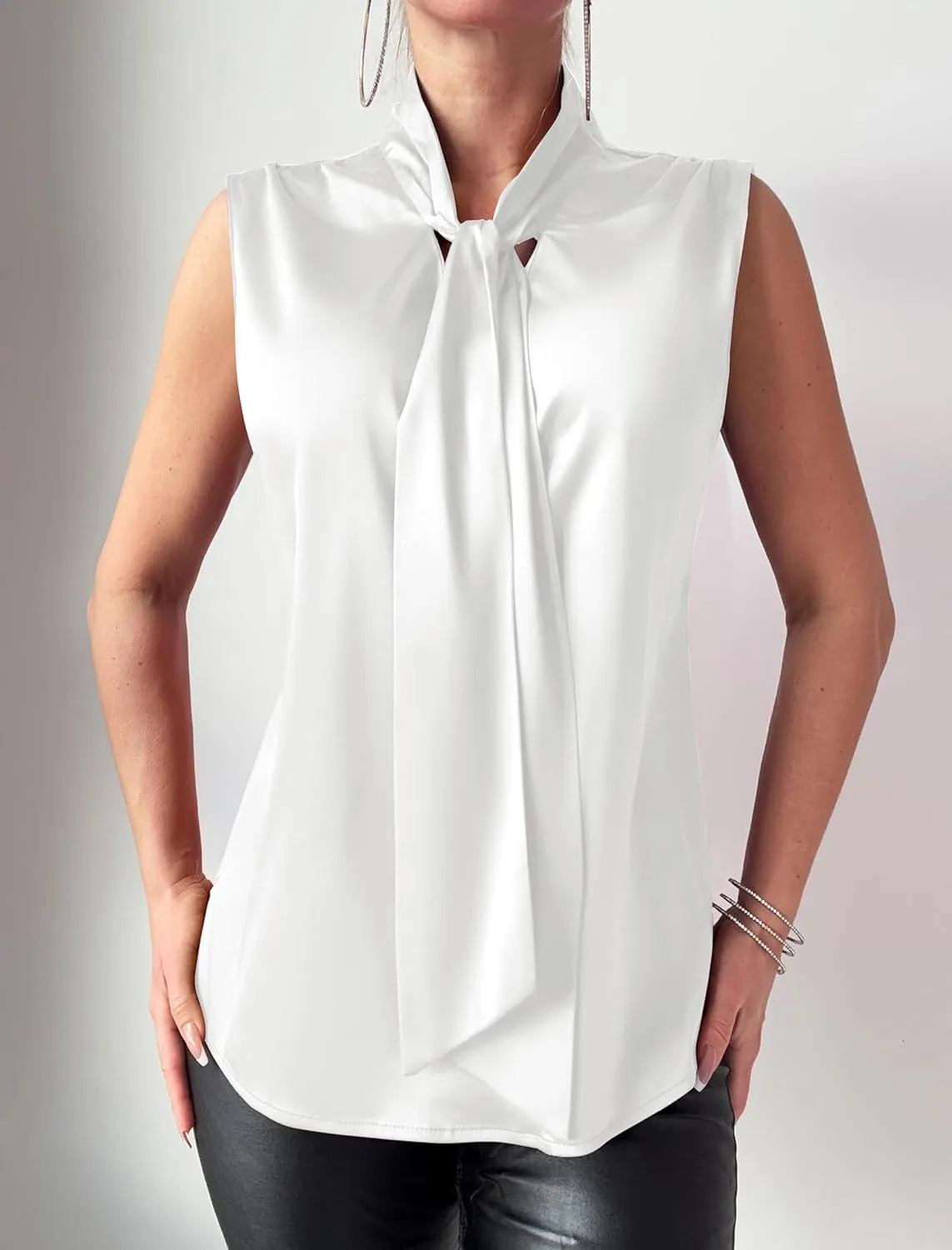 ZAFUL Women's Silk Satin Tank Tops Bow Tie Knot Mock Neck Casual Sleeveless Blouses Summer Basic Tanks Shirt