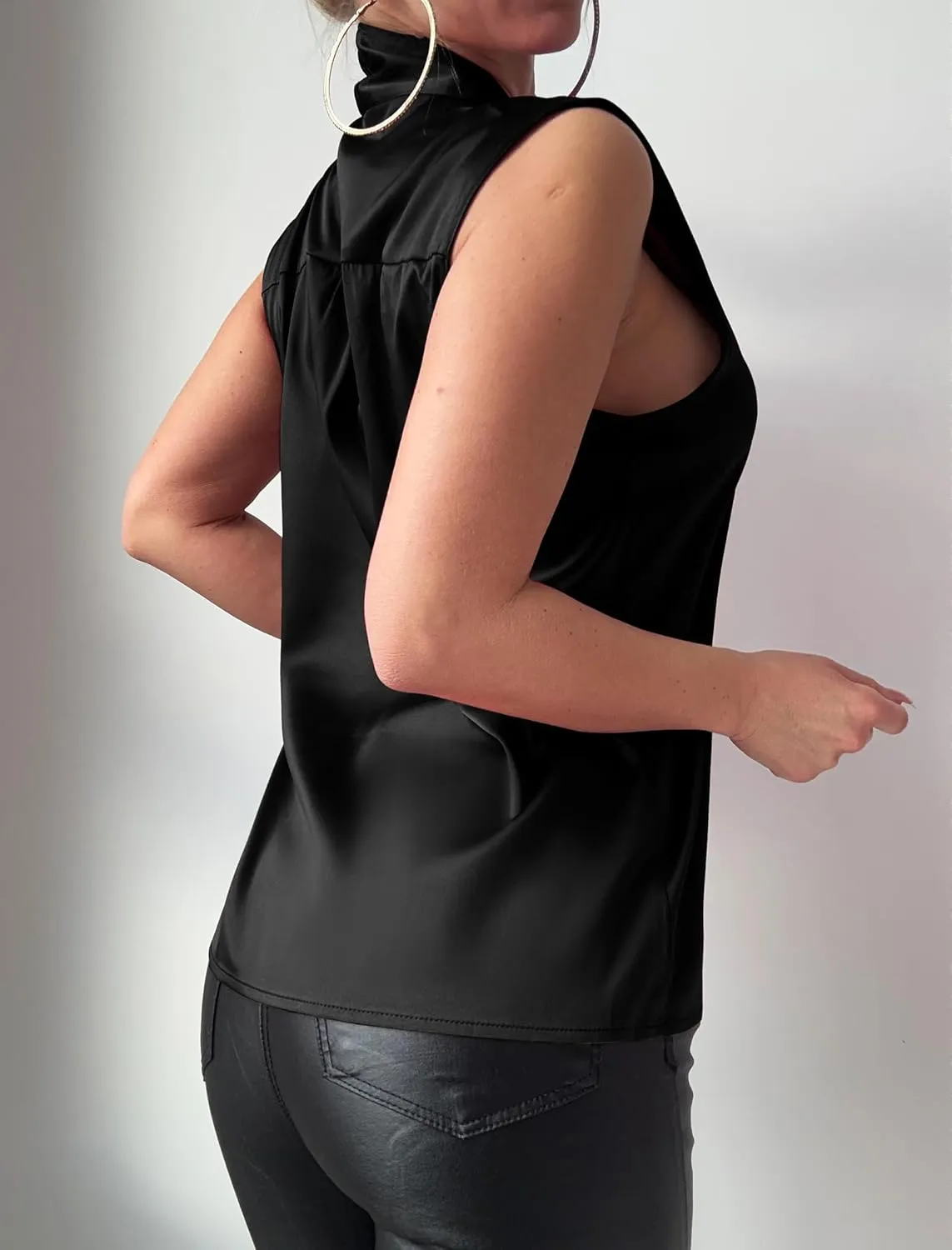 ZAFUL Women's Silk Satin Tank Tops Bow Tie Knot Mock Neck Casual Sleeveless Blouses Summer Basic Tanks Shirt