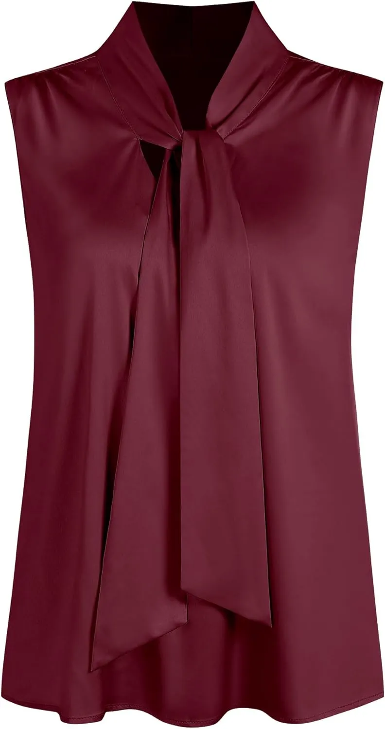 ZAFUL Women's Silk Satin Tank Tops Bow Tie Knot Mock Neck Casual Sleeveless Blouses Summer Basic Tanks Shirt