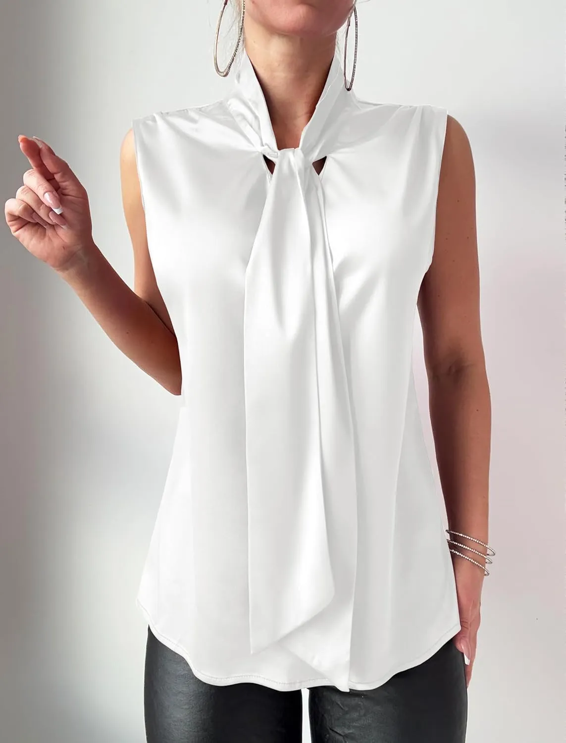 ZAFUL Women's Silk Satin Tank Tops Bow Tie Knot Mock Neck Casual Sleeveless Blouses Summer Basic Tanks Shirt