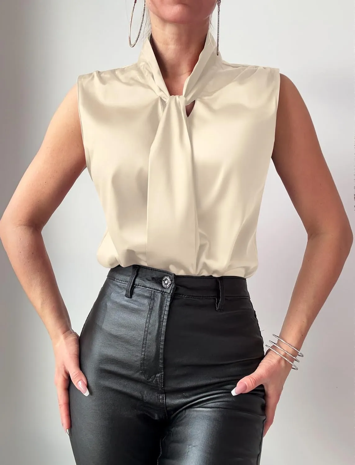 ZAFUL Women's Silk Satin Tank Tops Bow Tie Knot Mock Neck Casual Sleeveless Blouses Summer Basic Tanks Shirt