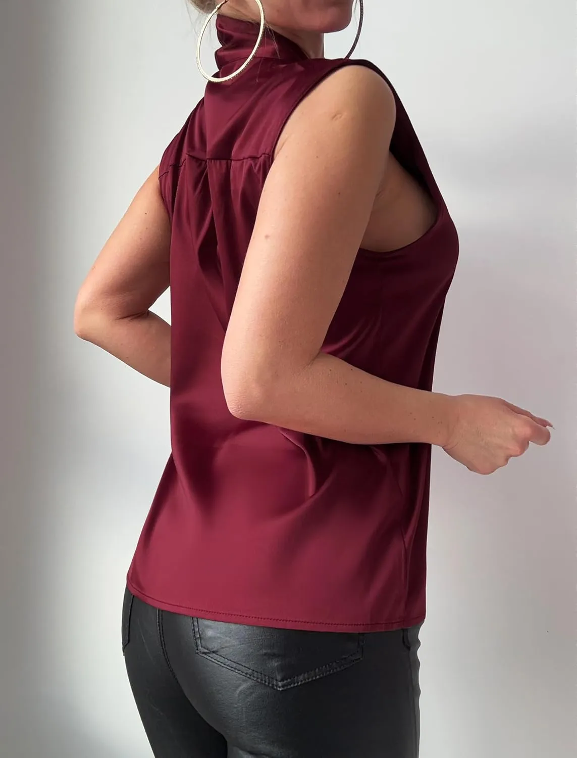 ZAFUL Women's Silk Satin Tank Tops Bow Tie Knot Mock Neck Casual Sleeveless Blouses Summer Basic Tanks Shirt