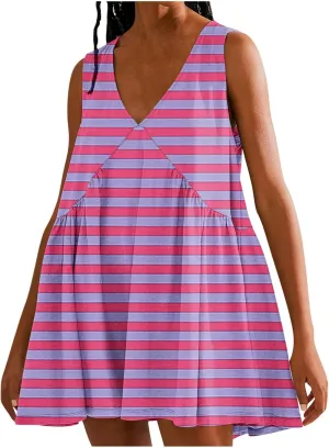 ZDRZK Flowy Dresses for Women Summer Stripes Casual Sleeveless Mini Dress 2024 Babydoll Swing Pleated Beach Sundresses