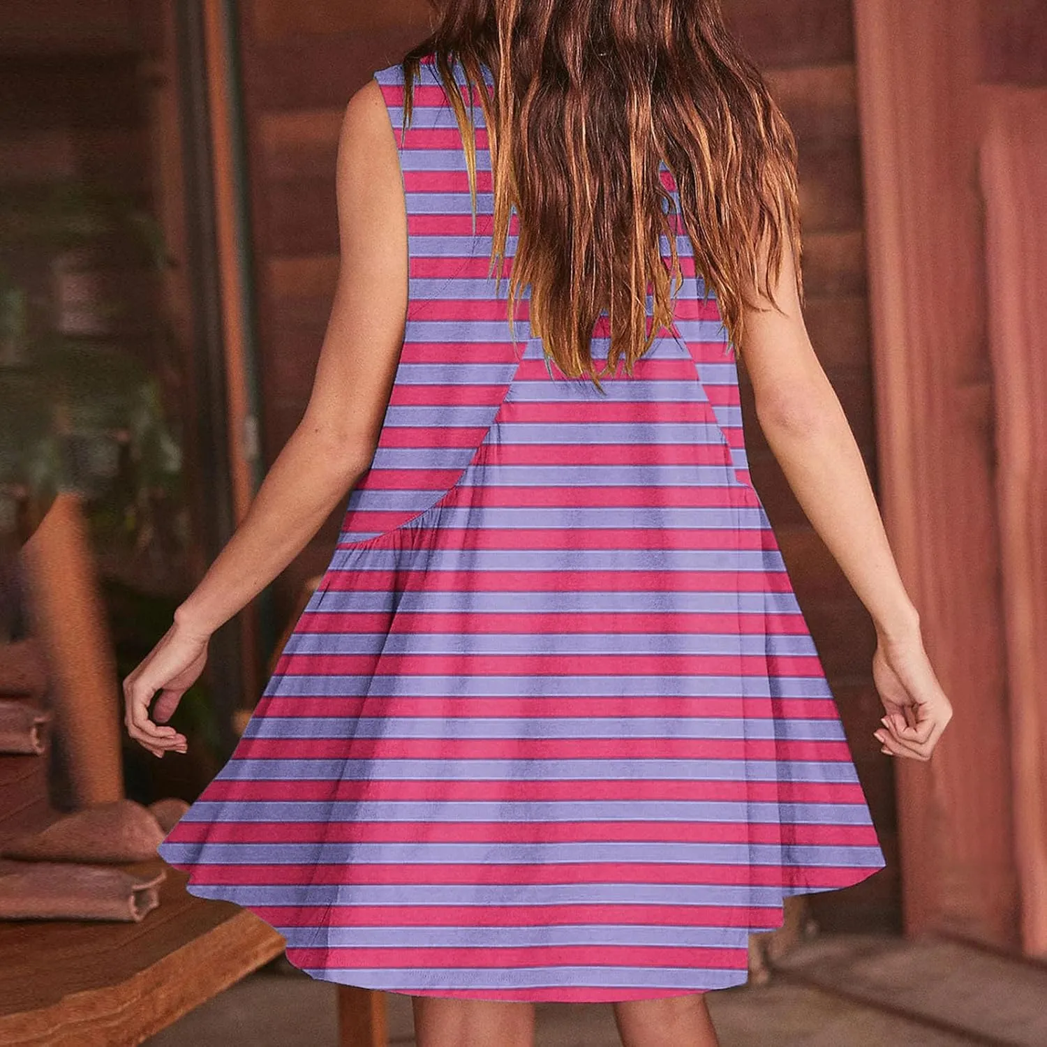 ZDRZK Flowy Dresses for Women Summer Stripes Casual Sleeveless Mini Dress 2024 Babydoll Swing Pleated Beach Sundresses