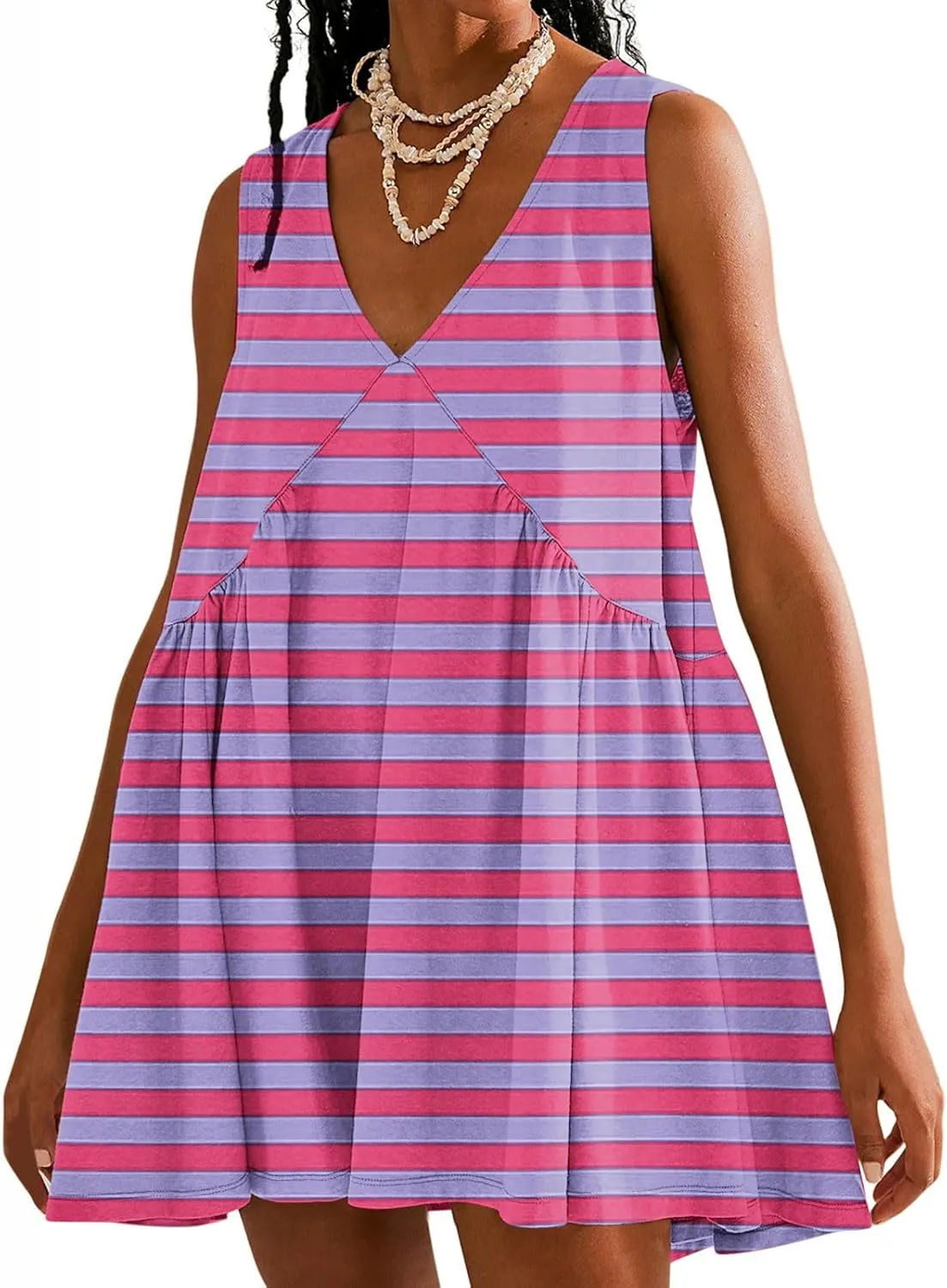 ZDRZK Flowy Dresses for Women Summer Stripes Casual Sleeveless Mini Dress 2024 Babydoll Swing Pleated Beach Sundresses