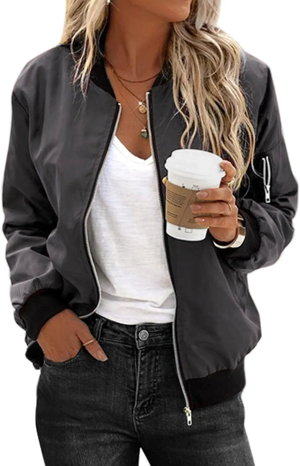 Zeagoo Women's Bomber Jacket Casual Coat Zip Up Outerwear Windbreaker with Pockets S-XXL