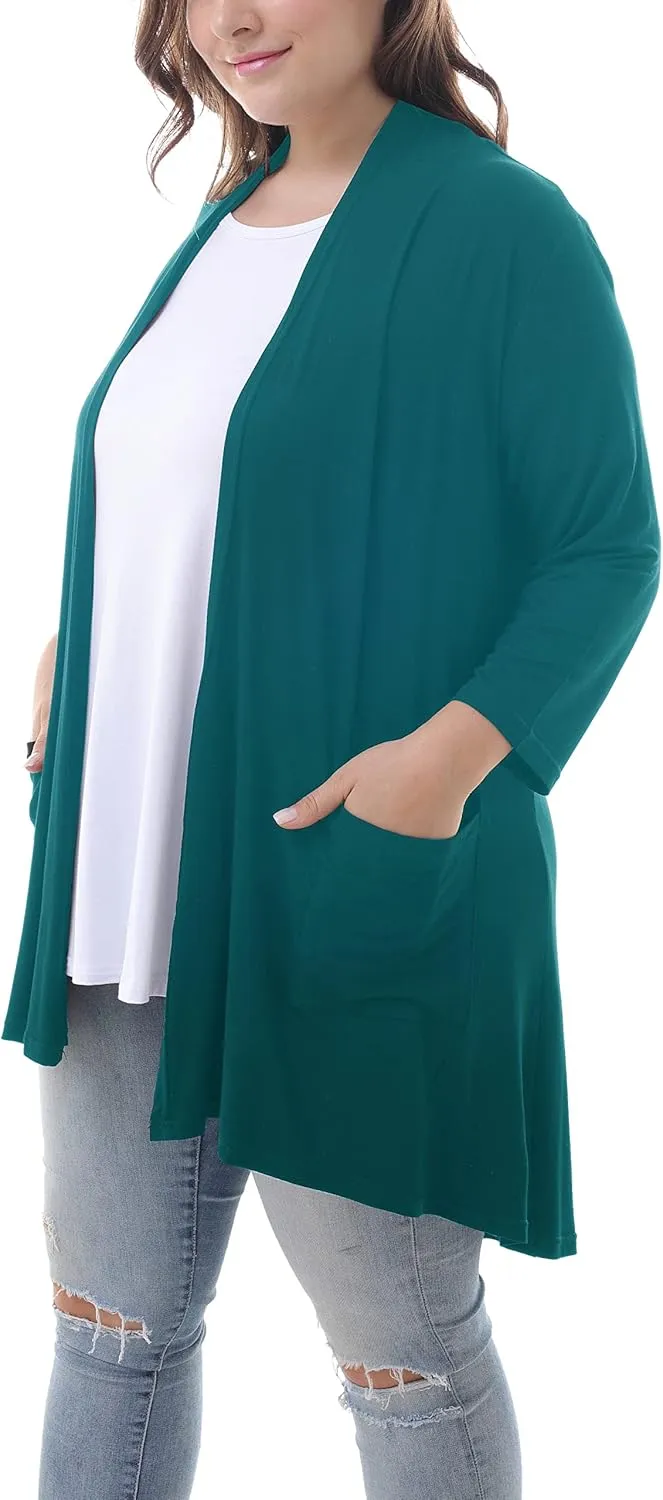 ZERDOCEAN Women's Plus Size 3/4 Sleeve Lightweight Soft Printed Drape Cardigan with Pockets