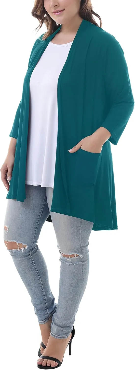 ZERDOCEAN Women's Plus Size 3/4 Sleeve Lightweight Soft Printed Drape Cardigan with Pockets