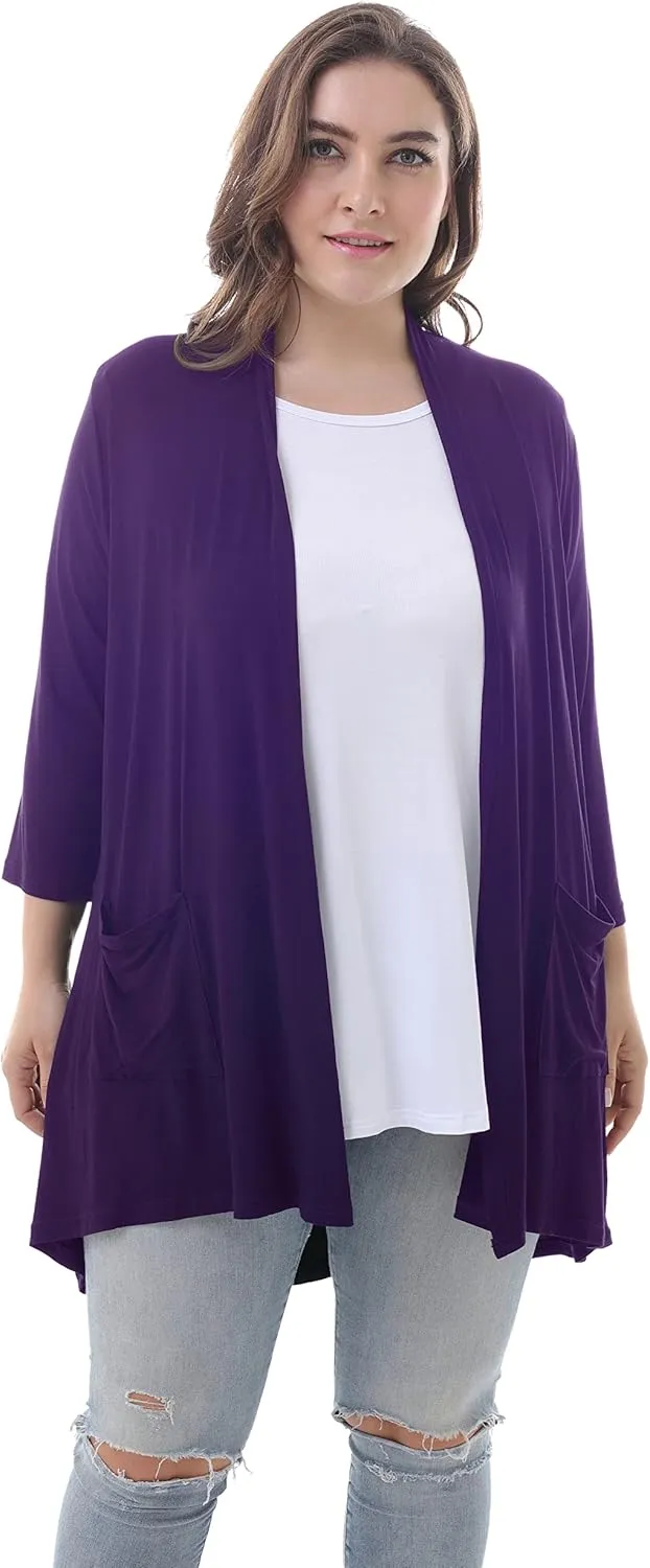 ZERDOCEAN Women's Plus Size 3/4 Sleeve Lightweight Soft Printed Drape Cardigan with Pockets
