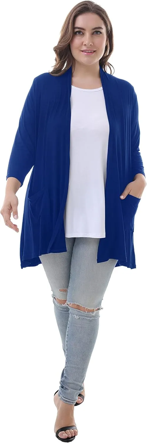 ZERDOCEAN Women's Plus Size 3/4 Sleeve Lightweight Soft Printed Drape Cardigan with Pockets