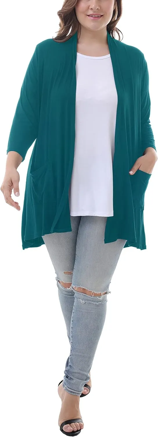 ZERDOCEAN Women's Plus Size 3/4 Sleeve Lightweight Soft Printed Drape Cardigan with Pockets