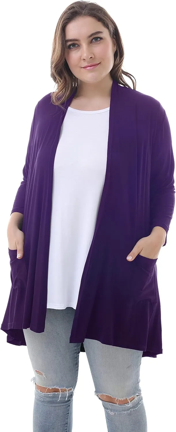 ZERDOCEAN Women's Plus Size 3/4 Sleeve Lightweight Soft Printed Drape Cardigan with Pockets