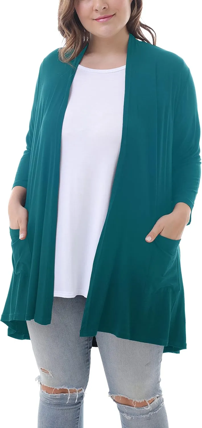 ZERDOCEAN Women's Plus Size 3/4 Sleeve Lightweight Soft Printed Drape Cardigan with Pockets