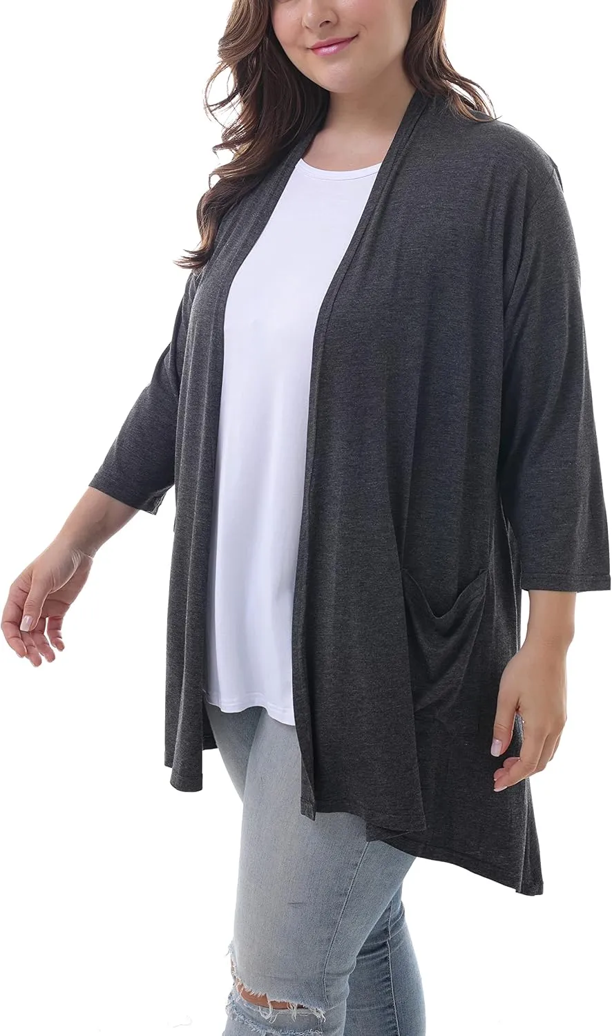 ZERDOCEAN Women's Plus Size 3/4 Sleeve Lightweight Soft Printed Drape Cardigan with Pockets