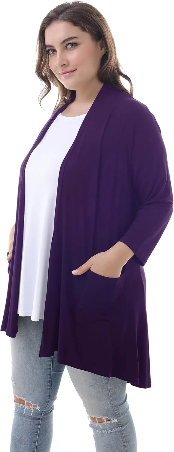 ZERDOCEAN Women's Plus Size 3/4 Sleeve Lightweight Soft Printed Drape Cardigan with Pockets