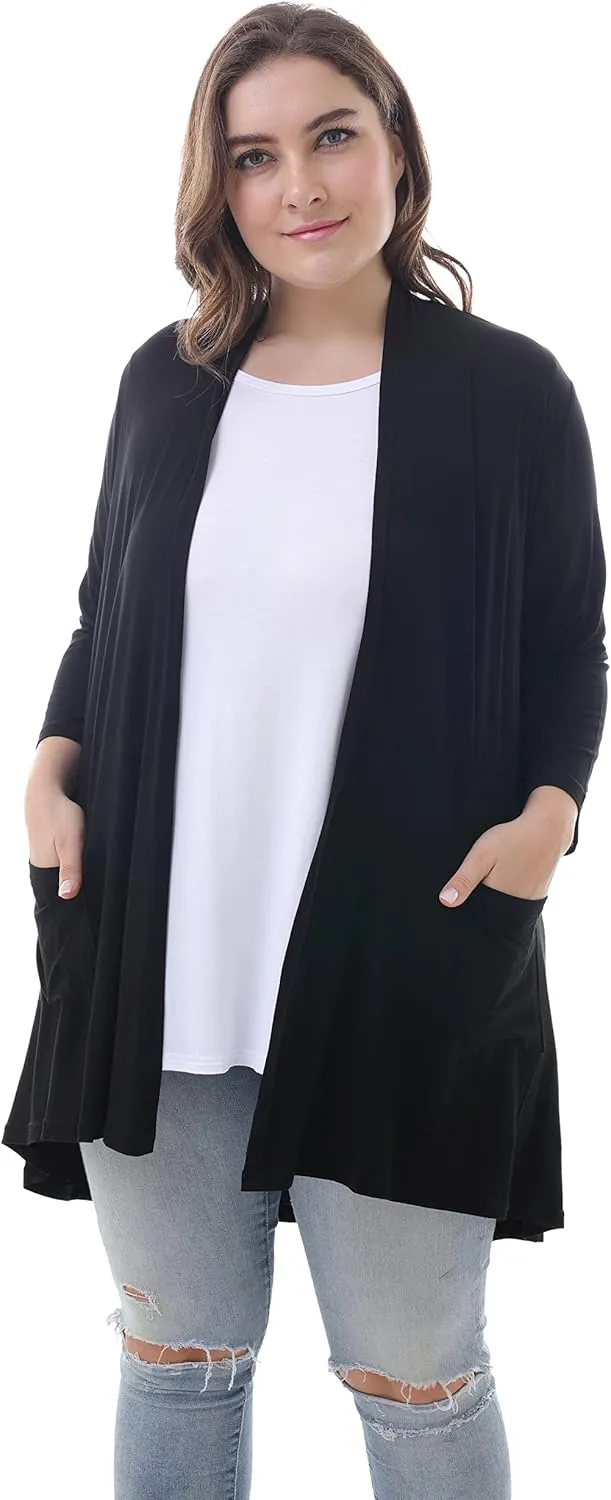 ZERDOCEAN Women's Plus Size 3/4 Sleeve Lightweight Soft Printed Drape Cardigan with Pockets