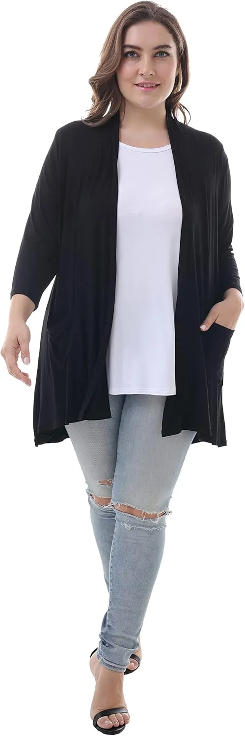 ZERDOCEAN Women's Plus Size 3/4 Sleeve Lightweight Soft Printed Drape Cardigan with Pockets