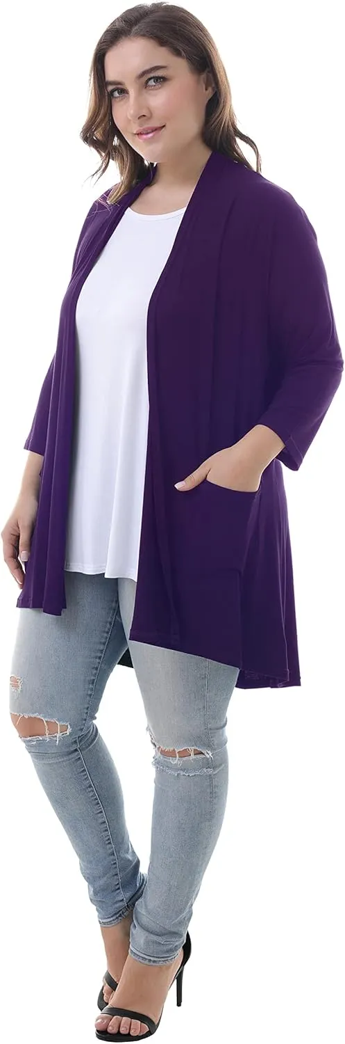 ZERDOCEAN Women's Plus Size 3/4 Sleeve Lightweight Soft Printed Drape Cardigan with Pockets