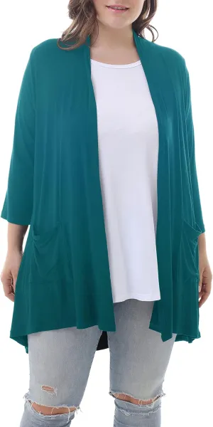 ZERDOCEAN Women's Plus Size 3/4 Sleeve Lightweight Soft Printed Drape Cardigan with Pockets