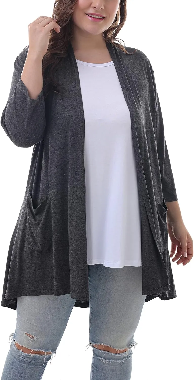 ZERDOCEAN Women's Plus Size 3/4 Sleeve Lightweight Soft Printed Drape Cardigan with Pockets