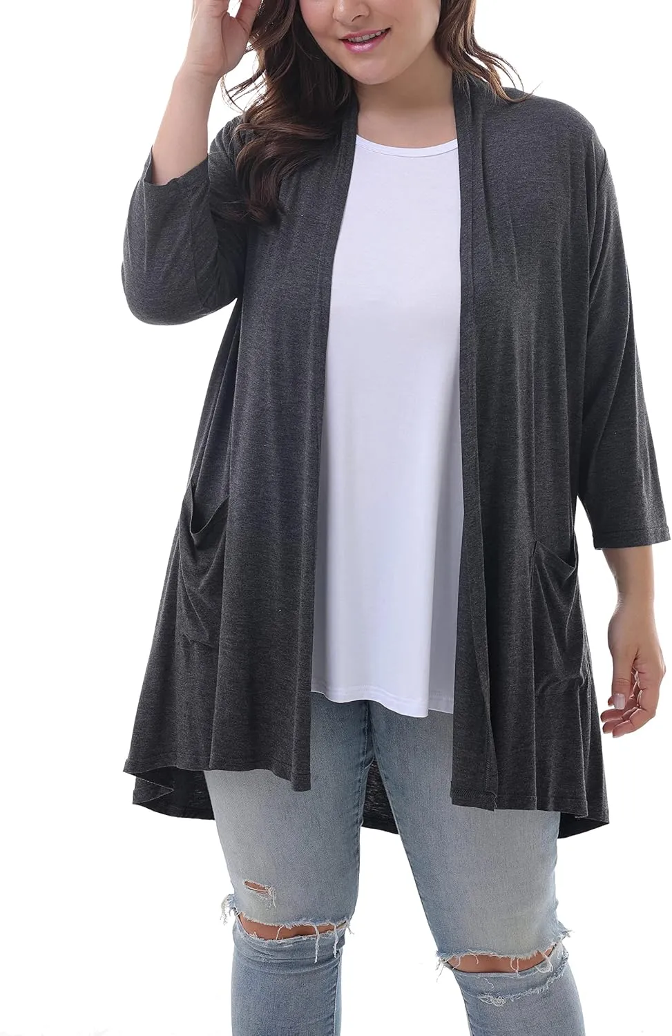 ZERDOCEAN Women's Plus Size 3/4 Sleeve Lightweight Soft Printed Drape Cardigan with Pockets