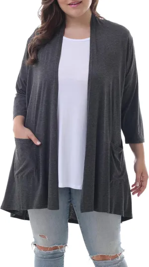 ZERDOCEAN Women's Plus Size 3/4 Sleeve Lightweight Soft Printed Drape Cardigan with Pockets