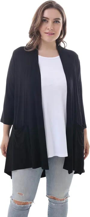 ZERDOCEAN Women's Plus Size 3/4 Sleeve Lightweight Soft Printed Drape Cardigan with Pockets