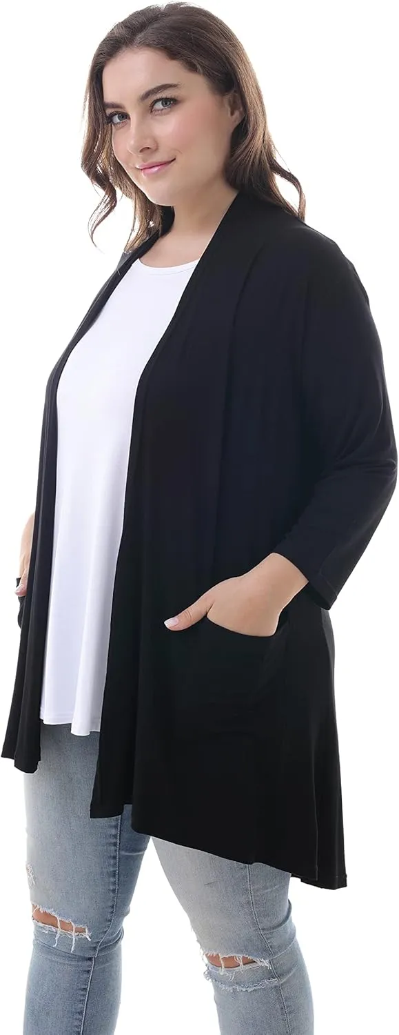 ZERDOCEAN Women's Plus Size 3/4 Sleeve Lightweight Soft Printed Drape Cardigan with Pockets