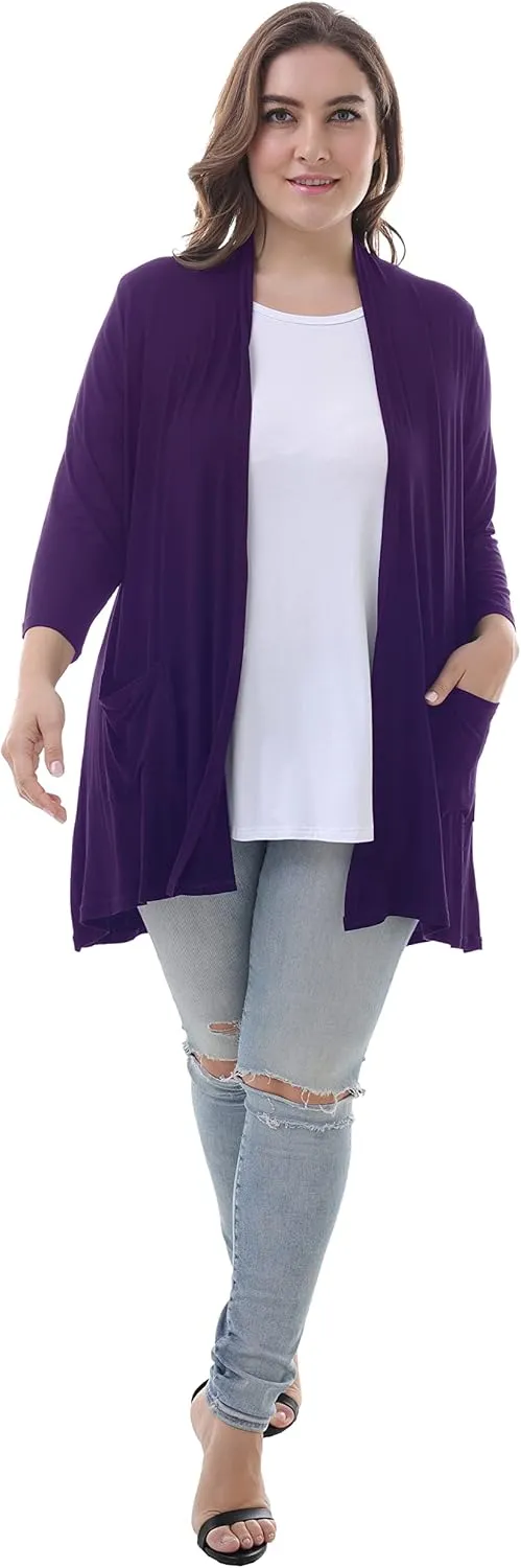 ZERDOCEAN Women's Plus Size 3/4 Sleeve Lightweight Soft Printed Drape Cardigan with Pockets