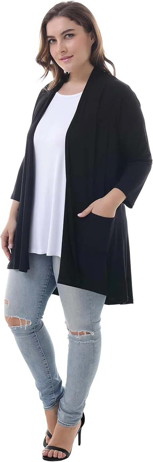 ZERDOCEAN Women's Plus Size 3/4 Sleeve Lightweight Soft Printed Drape Cardigan with Pockets