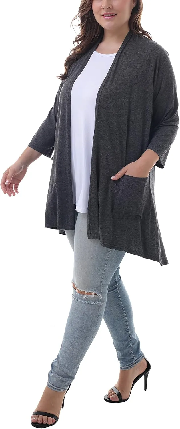 ZERDOCEAN Women's Plus Size 3/4 Sleeve Lightweight Soft Printed Drape Cardigan with Pockets