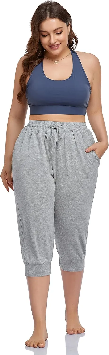 ZERDOCEAN Women's Plus Size Active Yoga Lounge Indoor Capri Casual Comfy Relaxed Joggers Pants with Pockets Drawstring