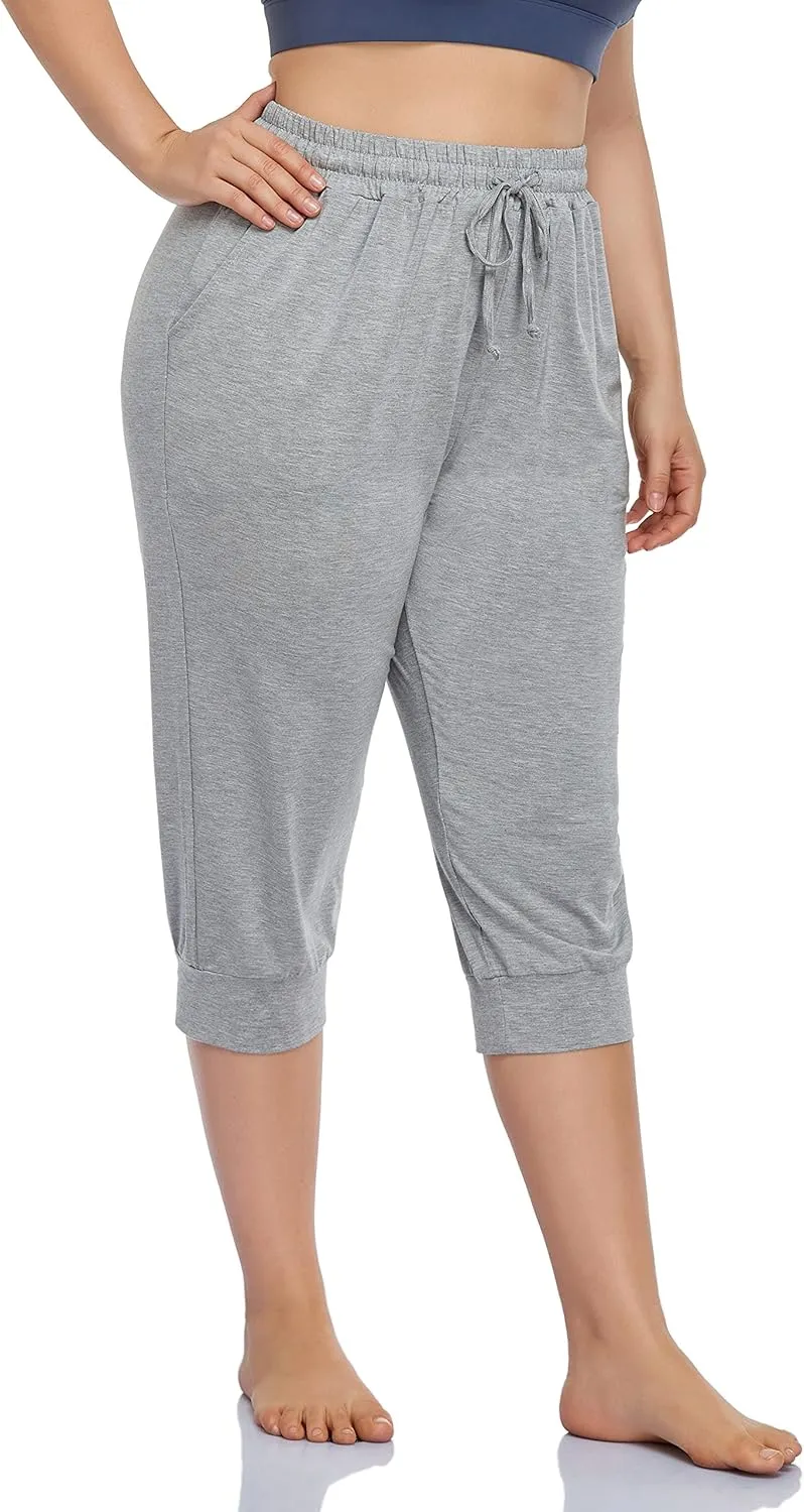 ZERDOCEAN Women's Plus Size Active Yoga Lounge Indoor Capri Casual Comfy Relaxed Joggers Pants with Pockets Drawstring