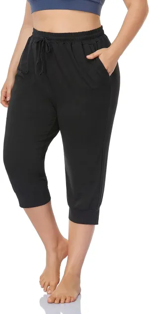 ZERDOCEAN Women's Plus Size Active Yoga Lounge Indoor Capri Casual Comfy Relaxed Joggers Pants with Pockets Drawstring