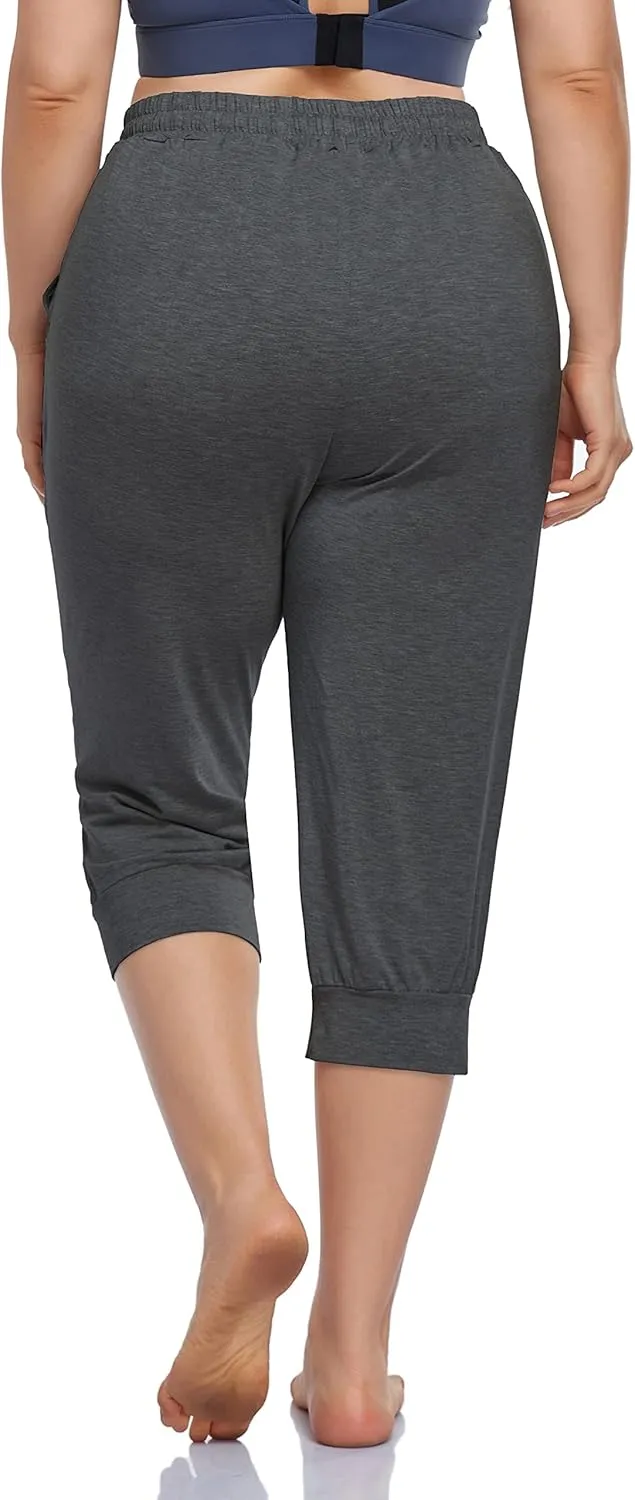 ZERDOCEAN Women's Plus Size Active Yoga Lounge Indoor Capri Casual Comfy Relaxed Joggers Pants with Pockets Drawstring