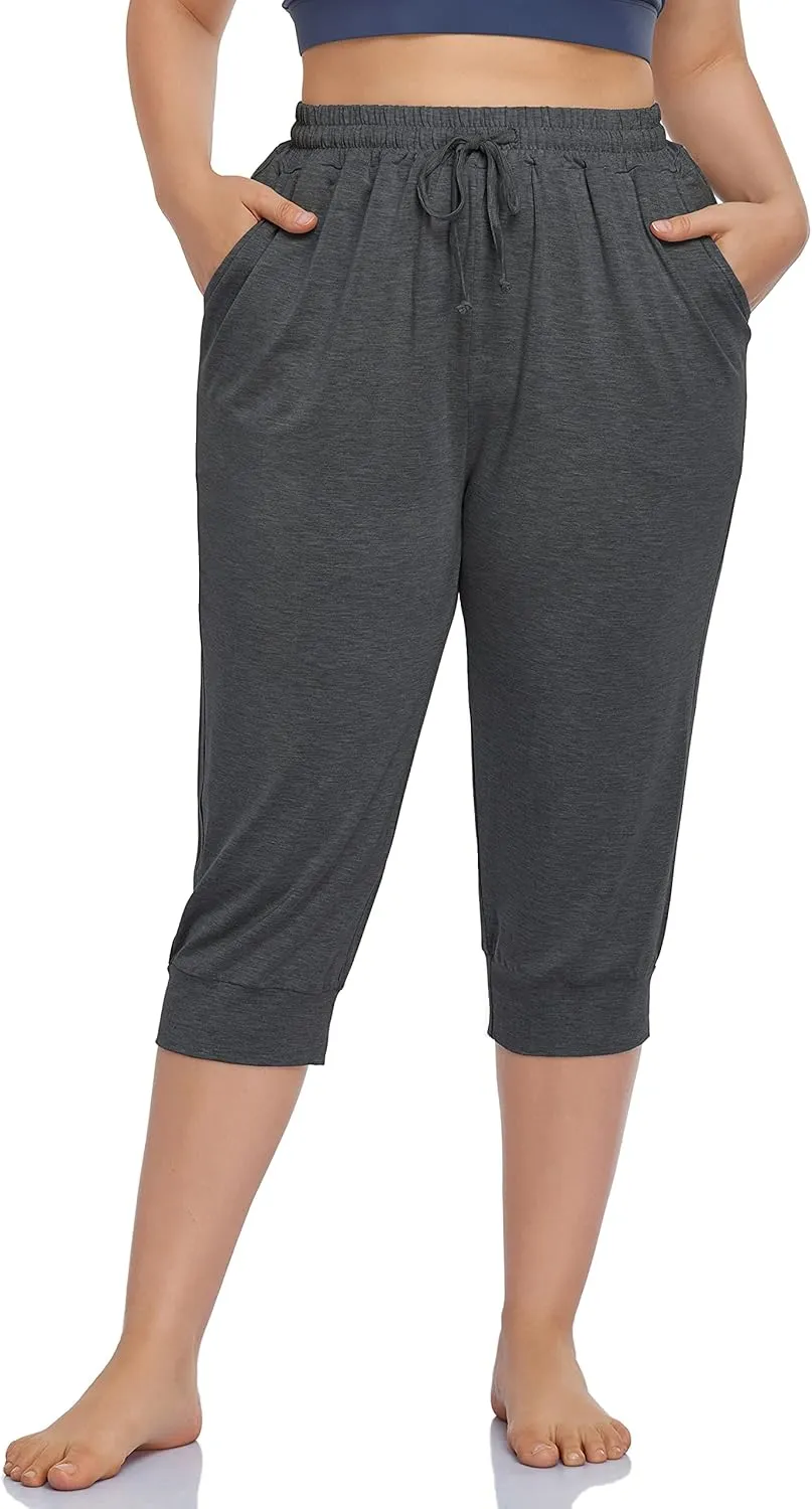 ZERDOCEAN Women's Plus Size Active Yoga Lounge Indoor Capri Casual Comfy Relaxed Joggers Pants with Pockets Drawstring