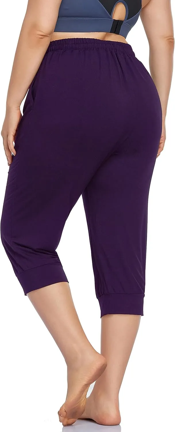 ZERDOCEAN Women's Plus Size Active Yoga Lounge Indoor Capri Casual Comfy Relaxed Joggers Pants with Pockets Drawstring