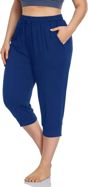 ZERDOCEAN Women's Plus Size Active Yoga Lounge Indoor Capri Casual Comfy Relaxed Joggers Pants with Pockets Drawstring
