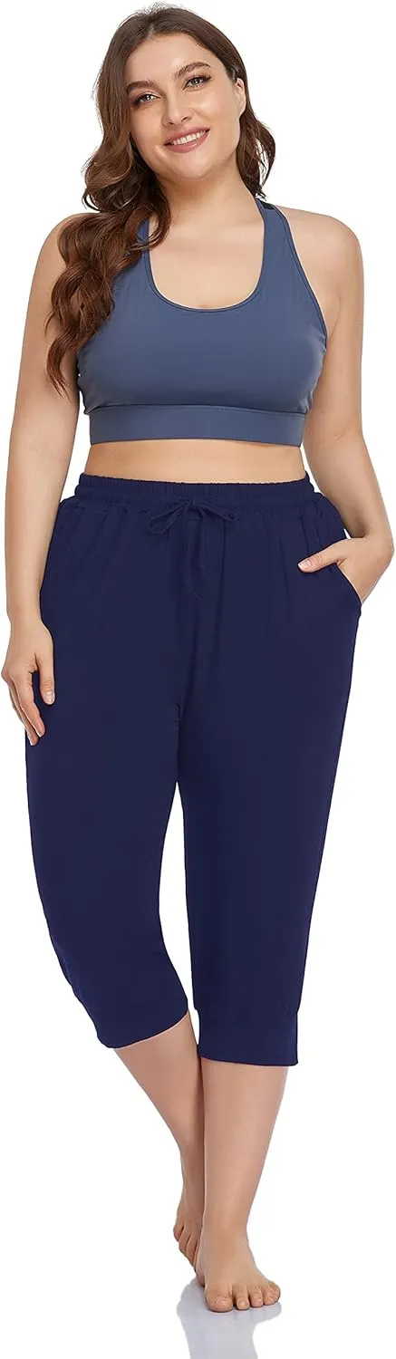 ZERDOCEAN Women's Plus Size Active Yoga Lounge Indoor Capri Casual Comfy Relaxed Joggers Pants with Pockets Drawstring