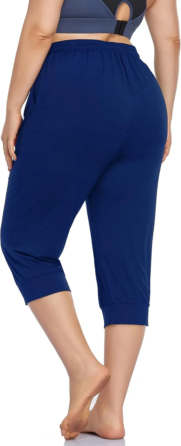 ZERDOCEAN Women's Plus Size Active Yoga Lounge Indoor Capri Casual Comfy Relaxed Joggers Pants with Pockets Drawstring