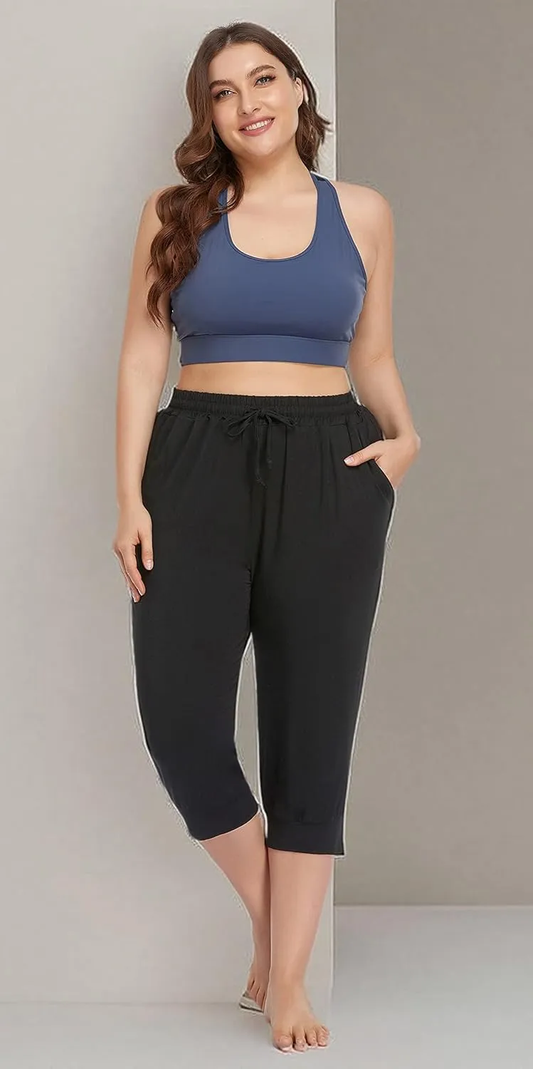 ZERDOCEAN Women's Plus Size Active Yoga Lounge Indoor Capri Casual Comfy Relaxed Joggers Pants with Pockets Drawstring